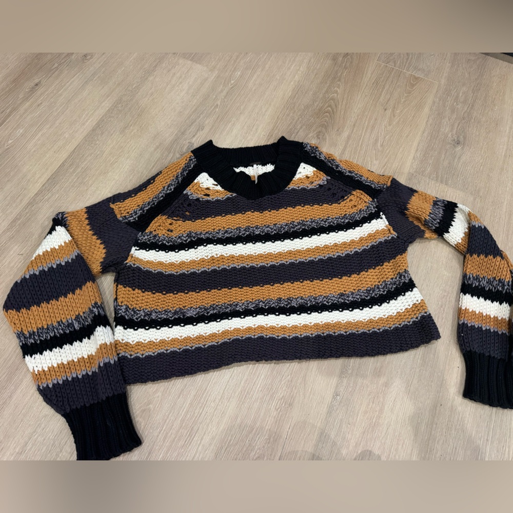 Free People Cropped Black, Cream & Mustard Striped Knit Sweater
